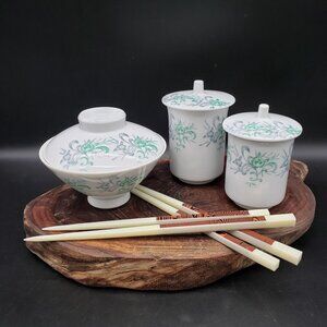 RC Nippon Toki Kaisha Japanese Rice Bowl & Lidded Cups Partial Set Floral